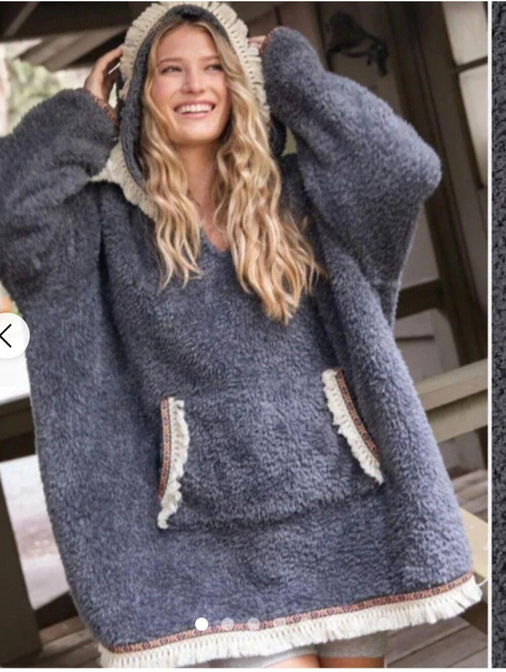 Natural Life Gray Sherpa Blanket Hoodie Boho Fringe Embroidered Trim One Size OS